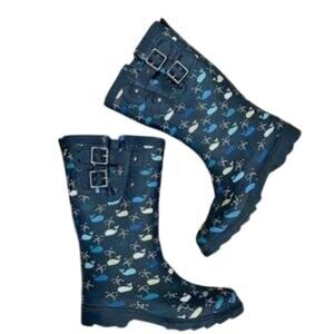 Chooka Navy Blue Tall Rain Boots with Adjustable Straps with Whale Print Size 8